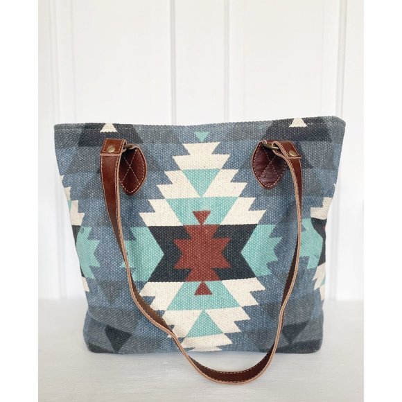 Myra Bag Patterned Upcycled Rug Canvas and Leather Tote Bag - Picture 1 of 9